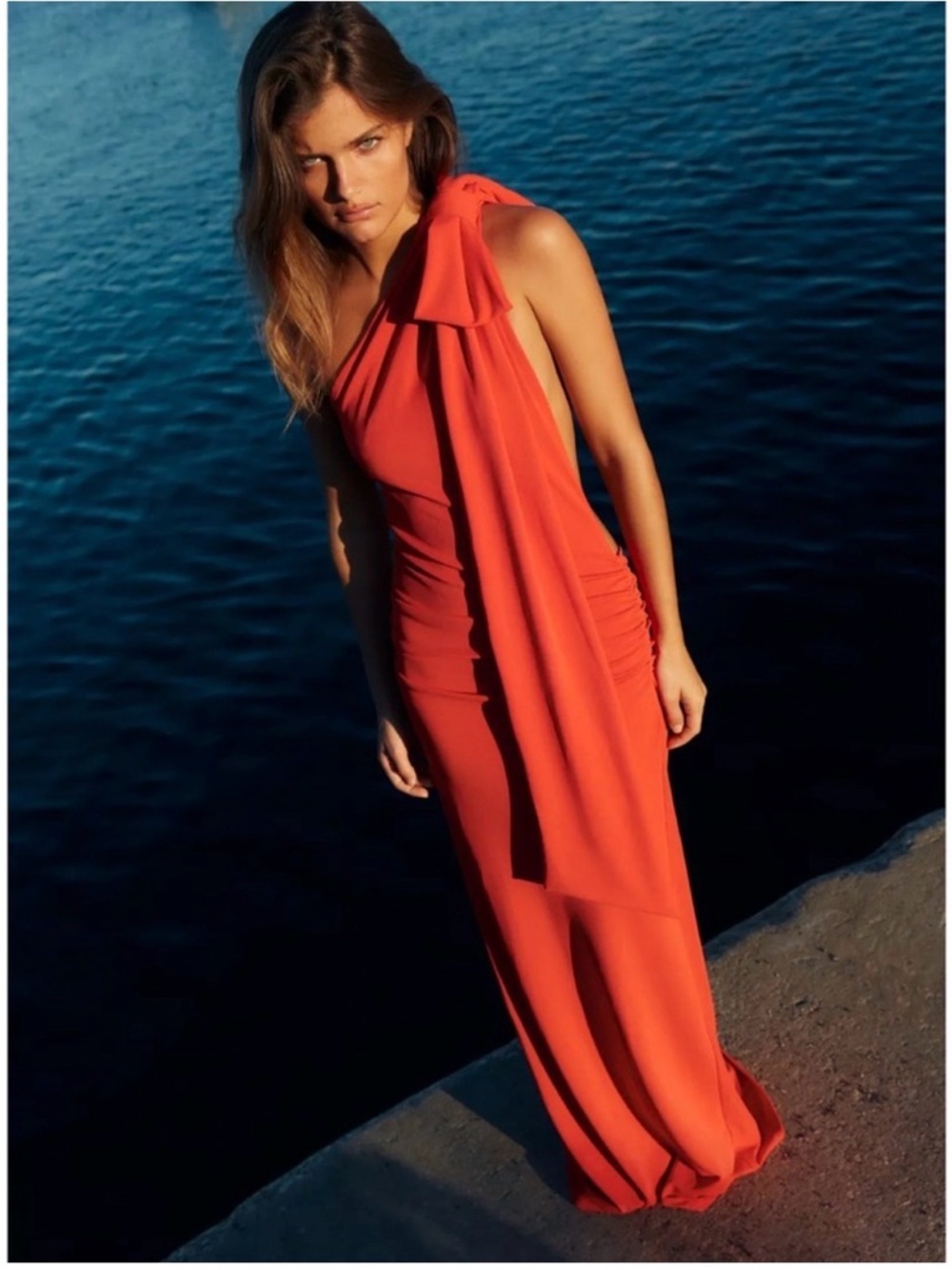 Zara Orange One-Shoulder Draped Maxi Dress
